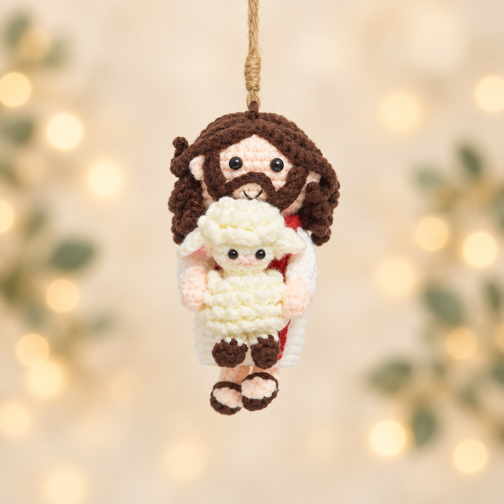 Handmade Crochet Good Shepherd Ornament - Jesus with Lamb Christmas Decor
