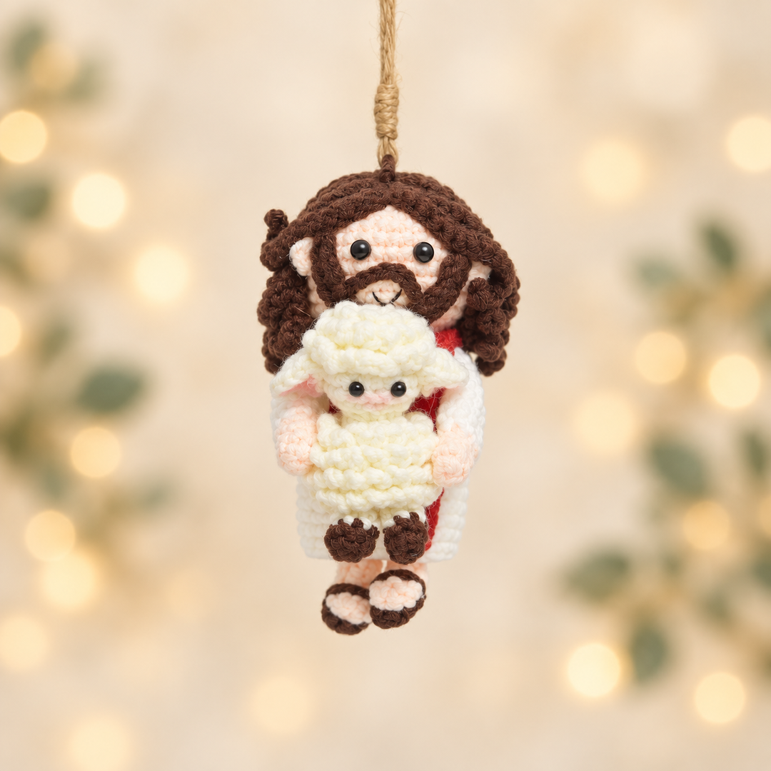 Handmade Crochet Good Shepherd Ornament - Jesus with Lamb Christmas Decor