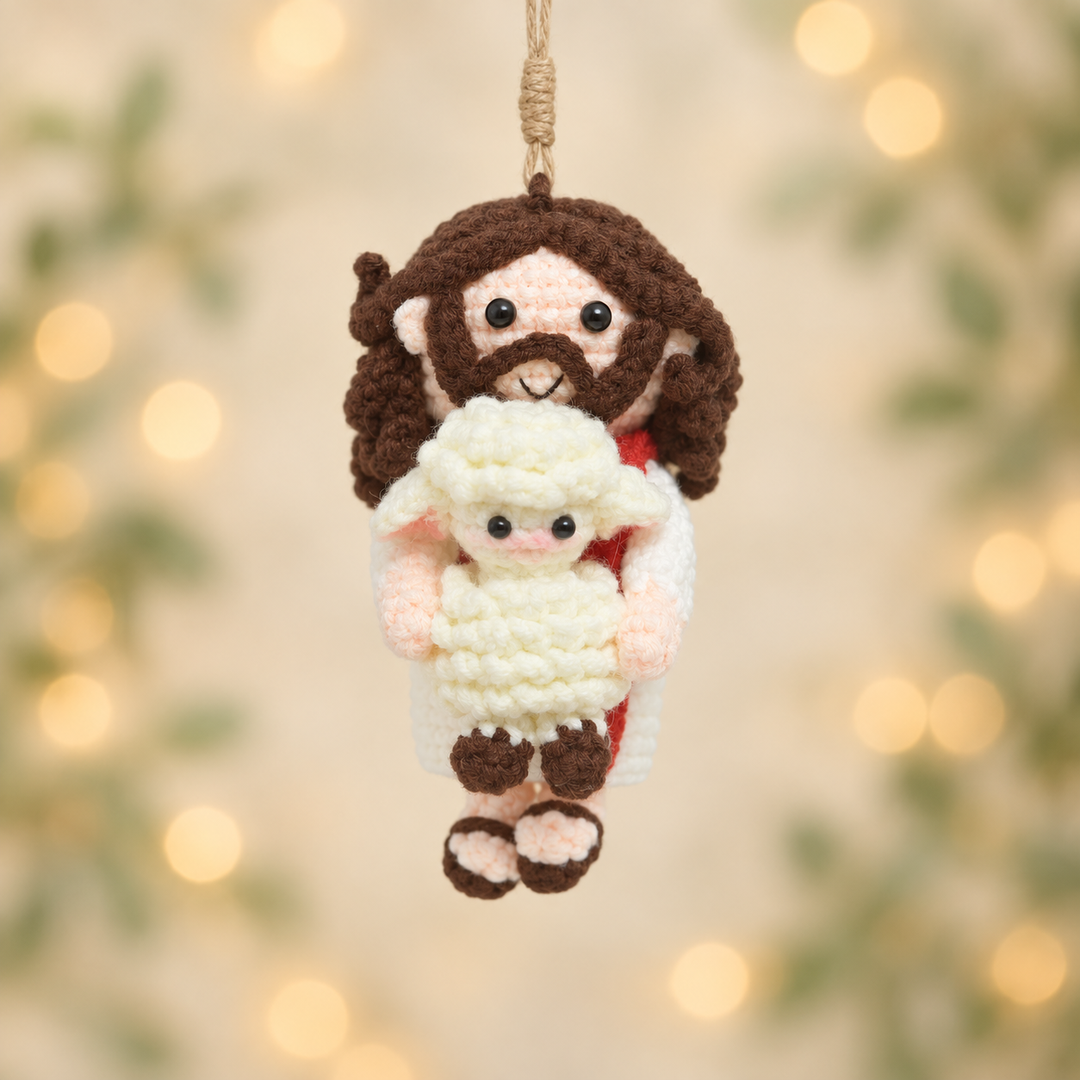Handmade Crochet Good Shepherd Ornament - Jesus with Lamb Christmas Decor