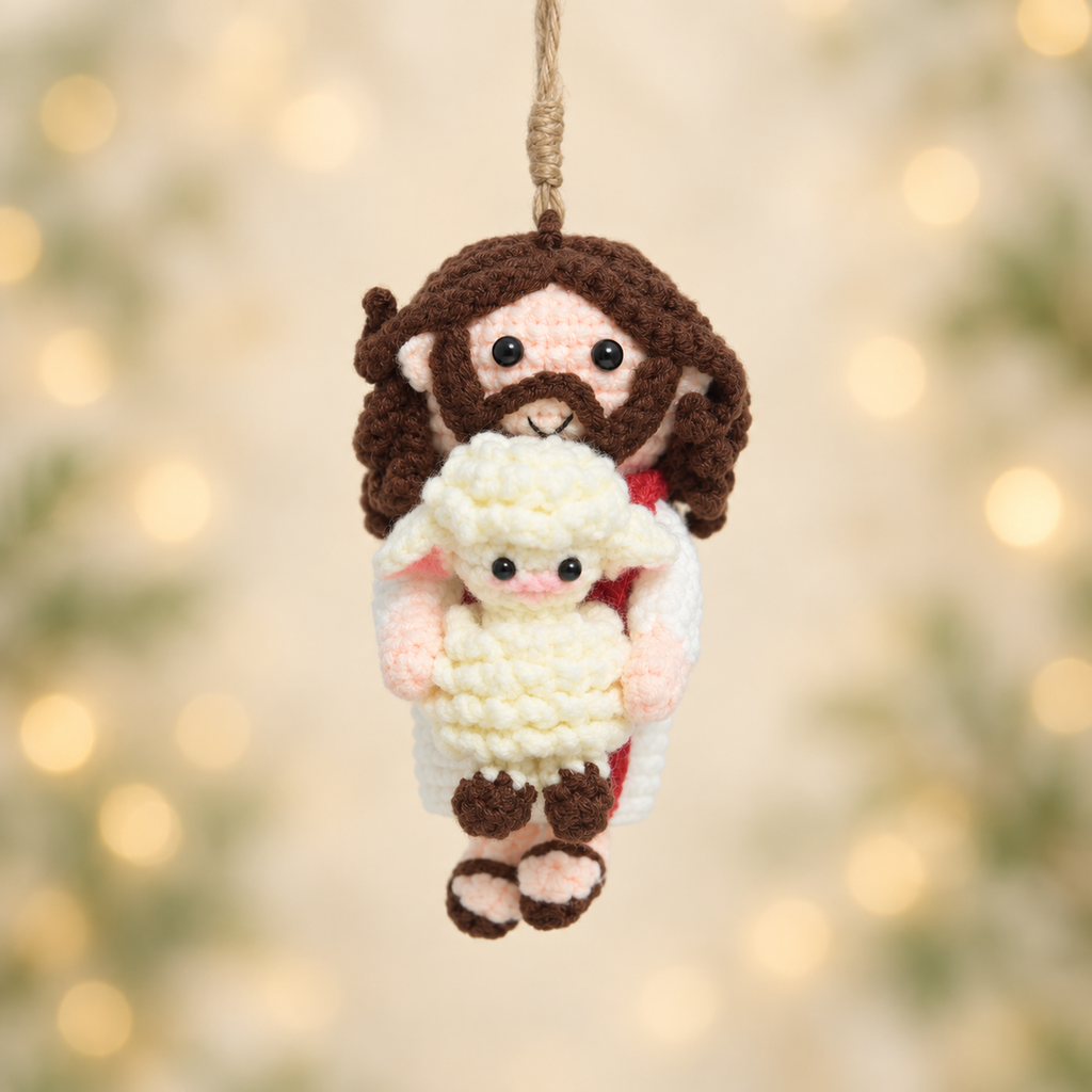 Handmade Crochet Good Shepherd Ornament - Jesus with Lamb Christmas Decor