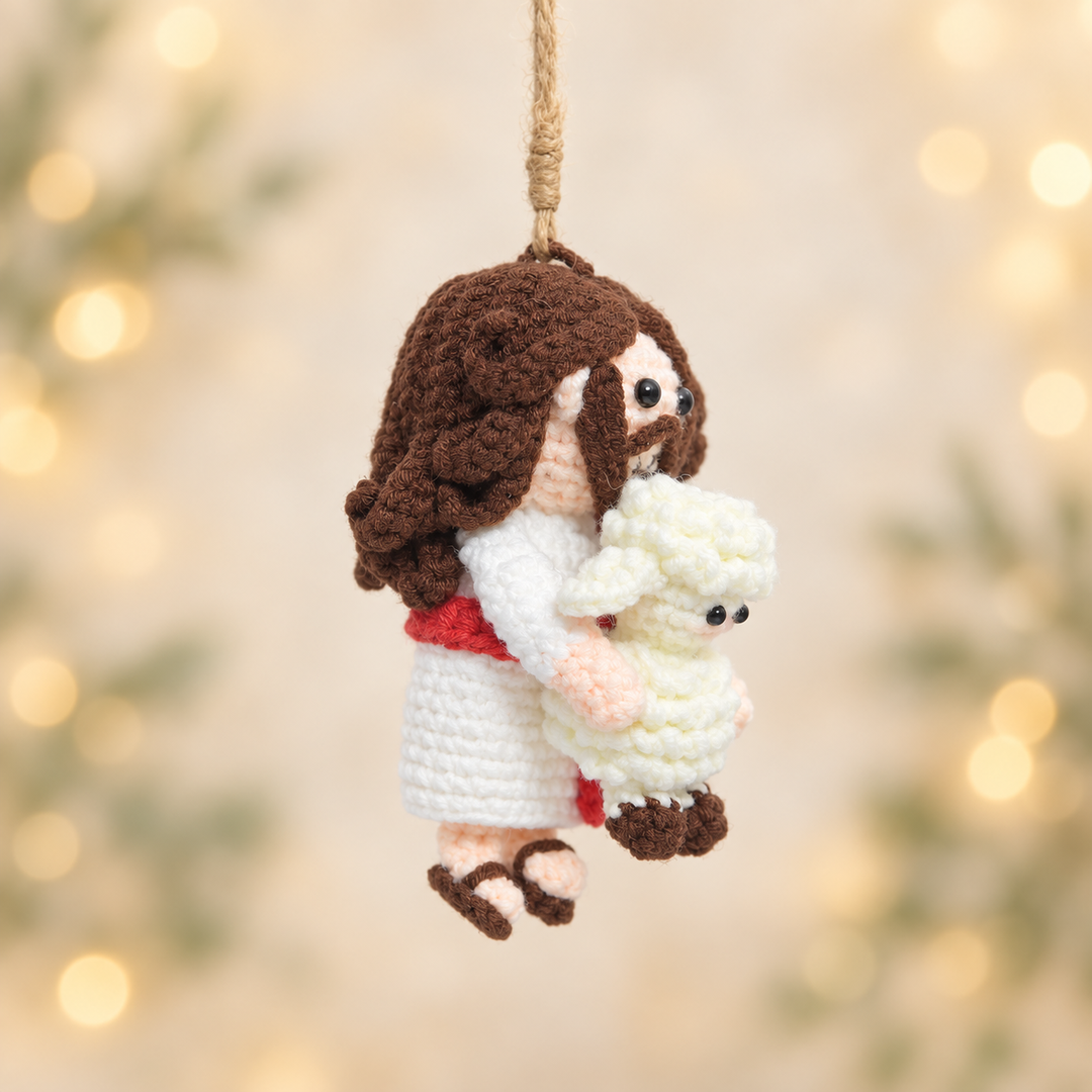 Handmade Crochet Good Shepherd Ornament - Jesus with Lamb Christmas Decor