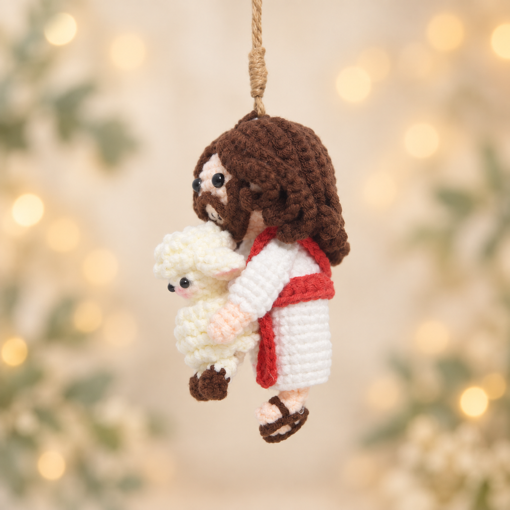 Handmade Crochet Good Shepherd Ornament - Jesus with Lamb Christmas Decor