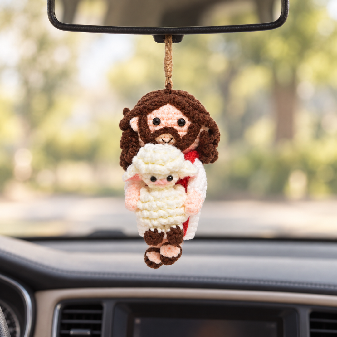 Handmade Crochet Good Shepherd Ornament - Jesus with Lamb Christmas Decor
