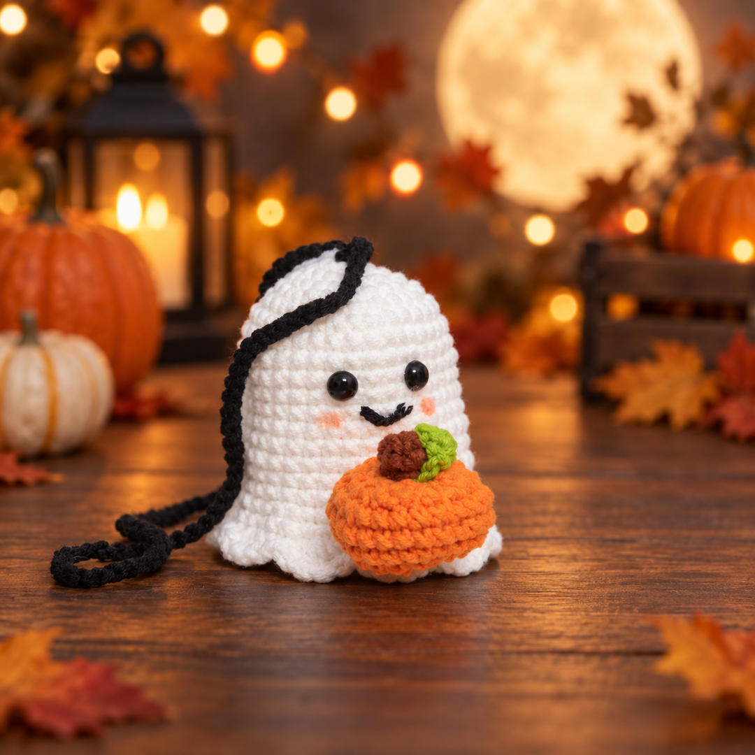 Handmade Crochet Ghost with Pumpkin - Cute Kawaii Halloween Decor