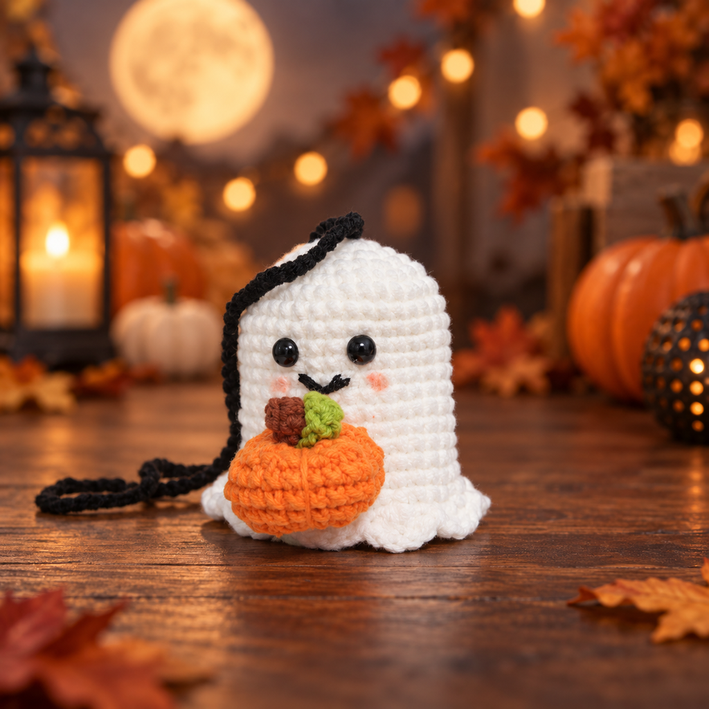 Handmade Crochet Ghost with Pumpkin - Cute Kawaii Halloween Decor