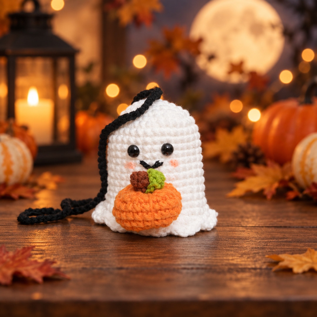 Handmade Crochet Ghost with Pumpkin - Cute Kawaii Halloween Decor