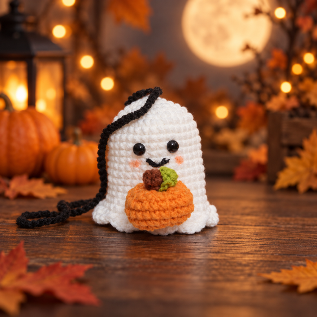 Handmade Crochet Ghost with Pumpkin - Cute Kawaii Halloween Decor