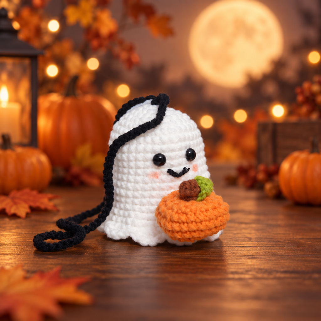 Handmade Crochet Ghost with Pumpkin - Cute Kawaii Halloween Decor