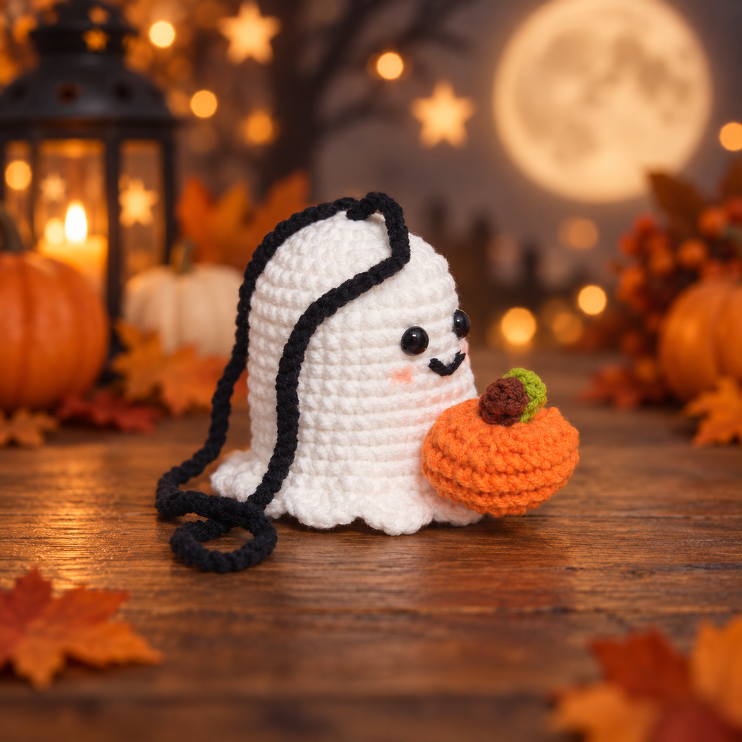 Handmade Crochet Ghost with Pumpkin - Cute Kawaii Halloween Decor