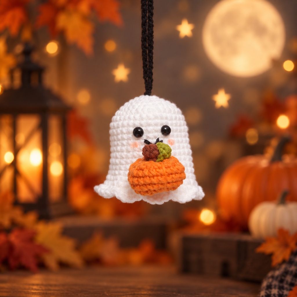 Handmade Crochet Ghost with Pumpkin - Cute Kawaii Halloween Decor