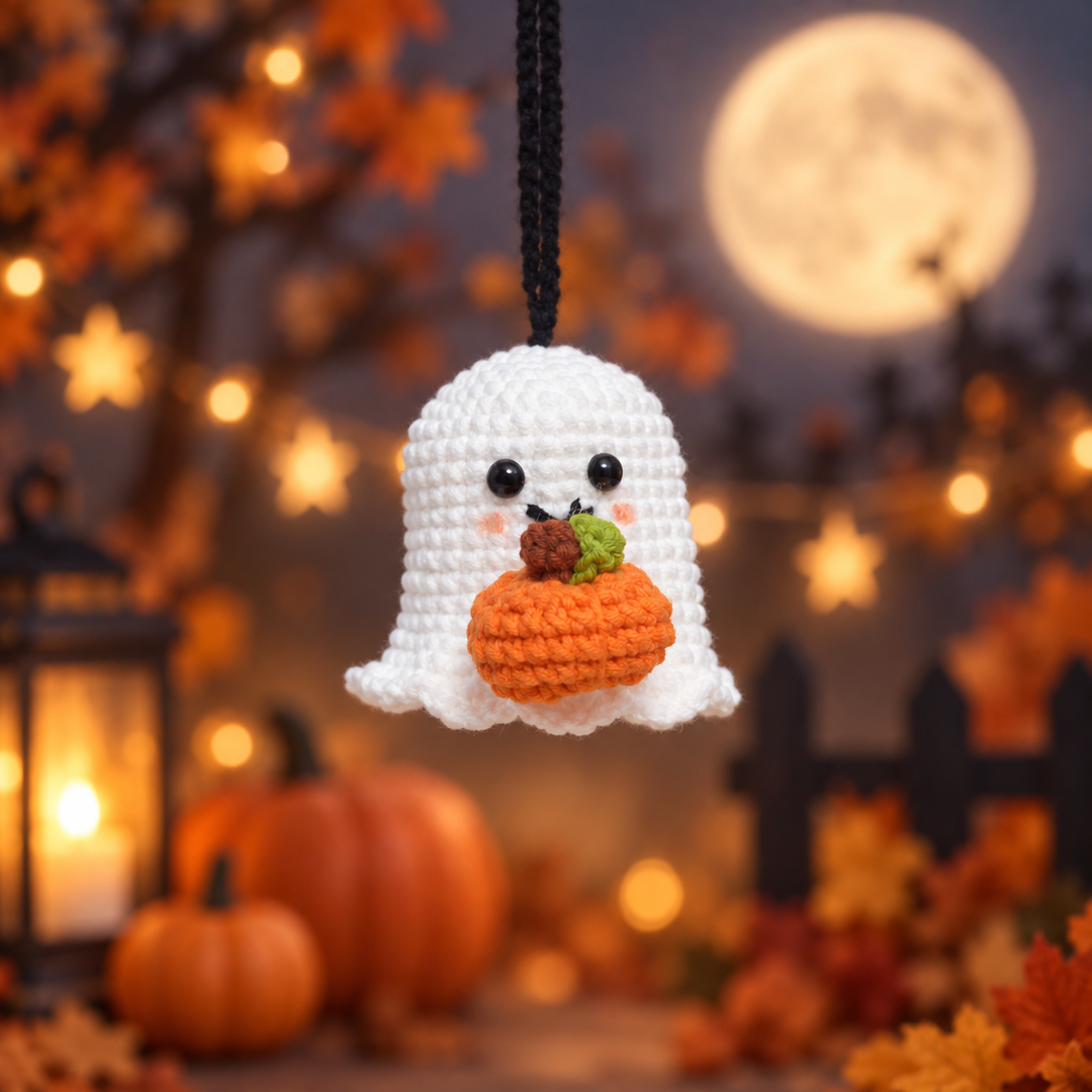 Handmade Crochet Ghost with Pumpkin - Cute Kawaii Halloween Decor