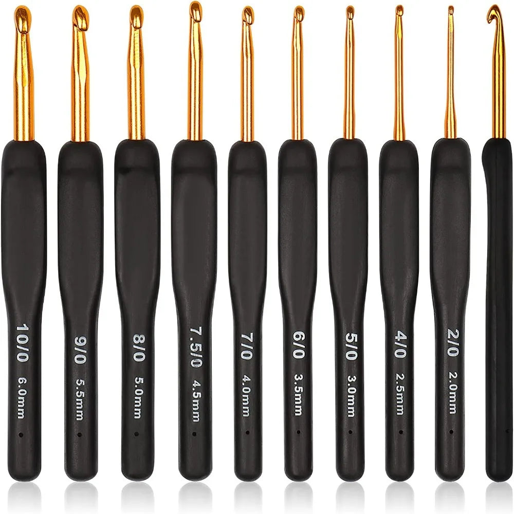 9PCS Black Ergonomic Crochet Hooks Set (2.0-6.0mm) - Soft Needles for Arthritic Hands, Ideal for Beginners