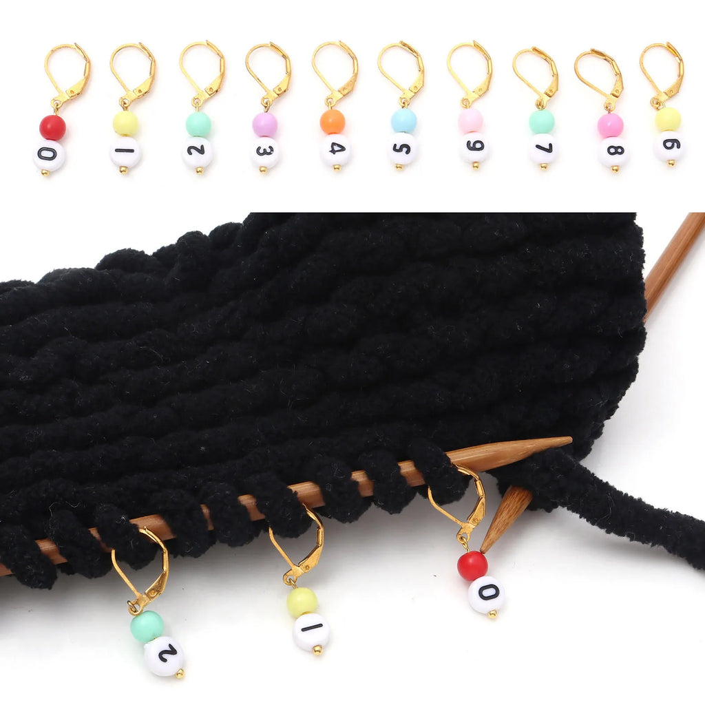 1 Set ( 10 PCs/Set) Copper & Acrylic Knitting Stitch Markers Number 0-9 At Random Color For DIY Craft Marker Tools 3.1cm x 1.1cm