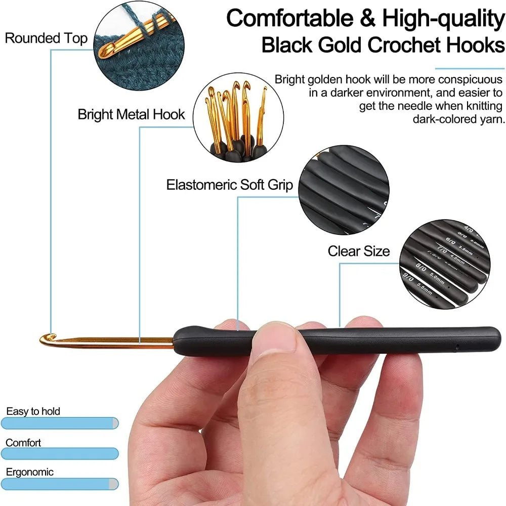 9PCS Black Ergonomic Crochet Hooks Set (2.0-6.0mm) - Soft Needles for Arthritic Hands, Ideal for Beginners