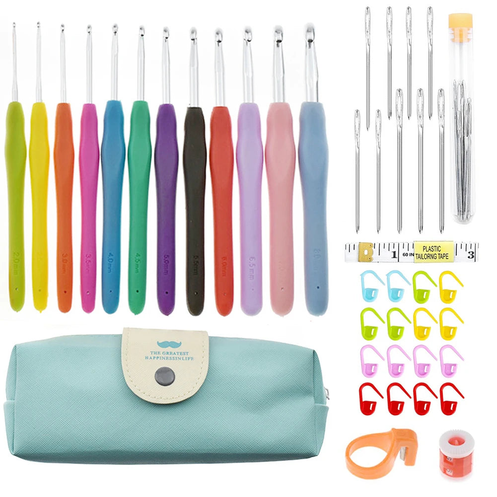 Crochet Hooks Kits with Storage Bag Soft Handle Aluminum Crochet Needles Yarn Weave Knitting Needles Set DIY Sewing Weaving Tool